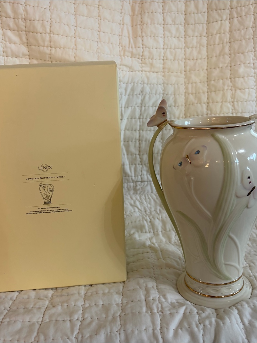 NIB Lenox Ivory Porcelain Jeweled Butterfly Vase with Gold Trim